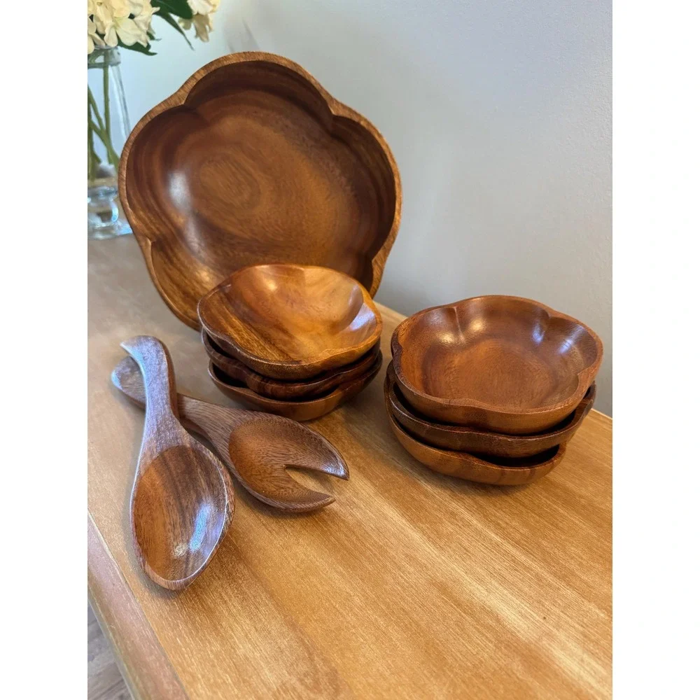 Vintage Monkey Pod 9 pc Salad Bowl Set -6 Bowls,2 Serving Pieces & Large Bowl